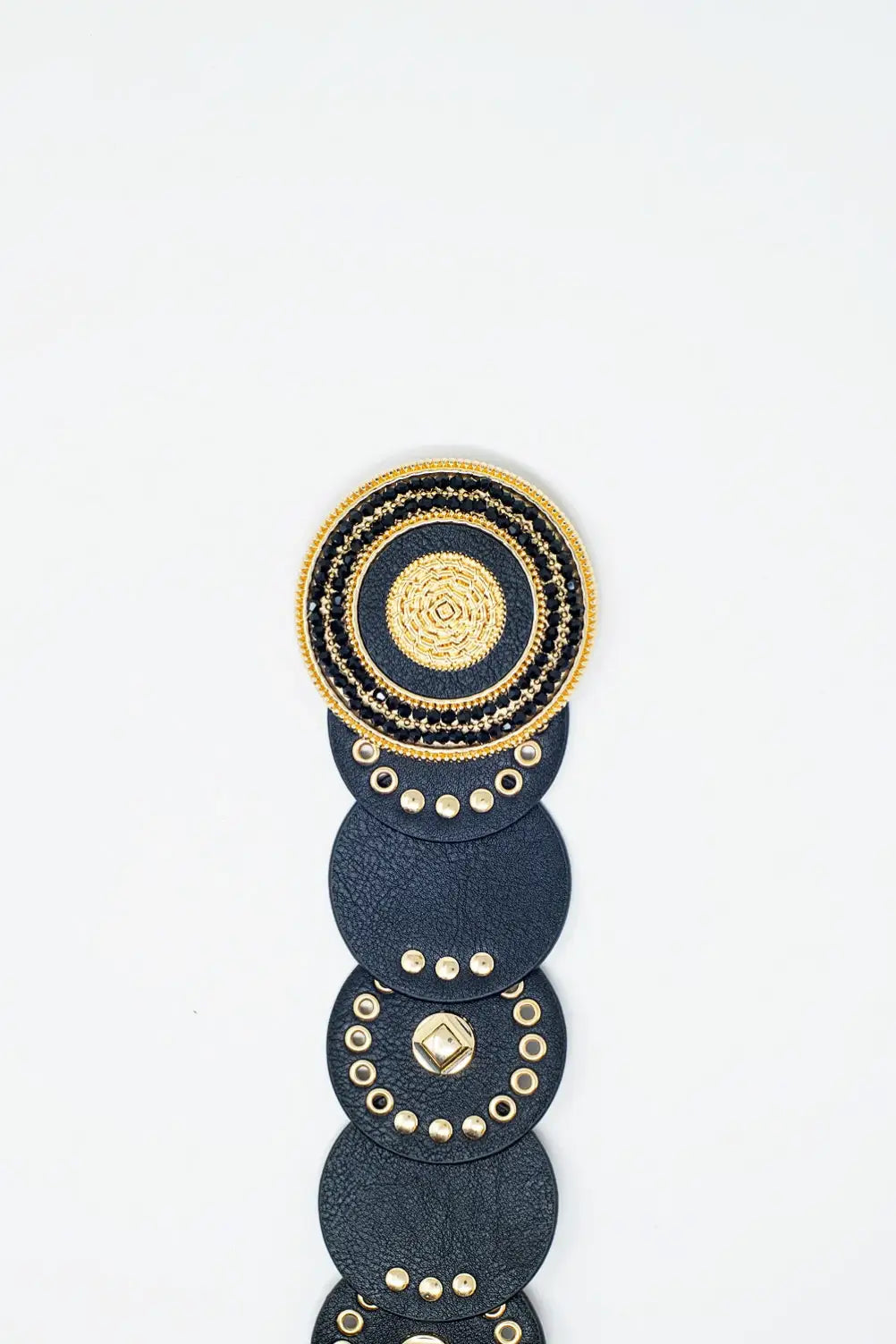 Black leather belt with black rhinestone round buckle and golden details - Accesory