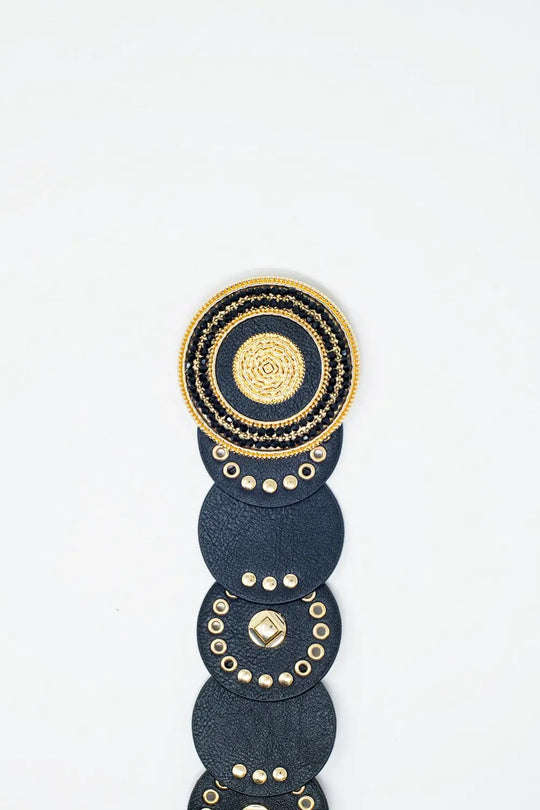 Black leather belt with black rhinestone round buckle and golden details - Accesory