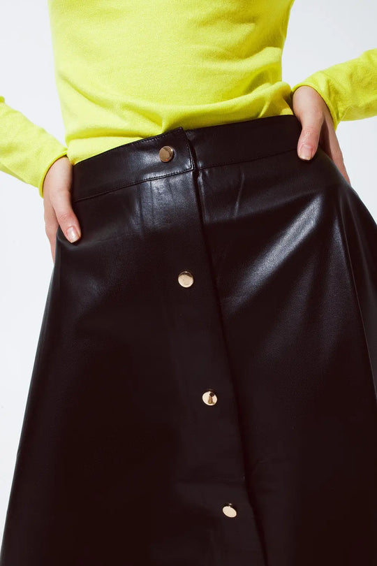 Black Leatherette buttoned Midi skirt - Skirts