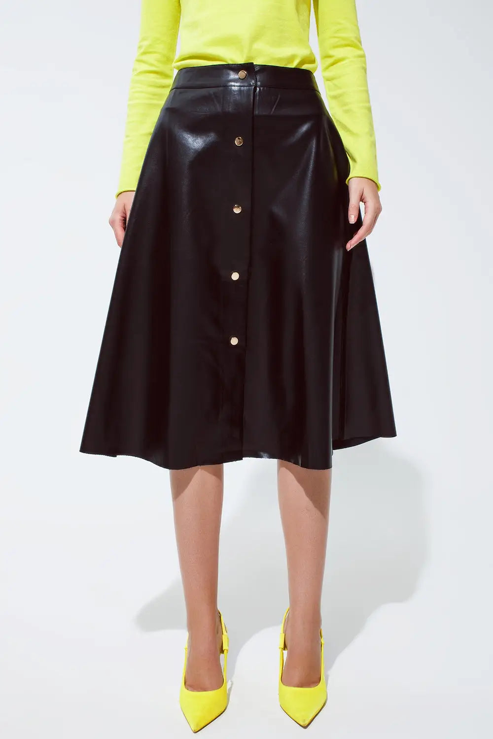 Black Leatherette buttoned Midi skirt - Skirts