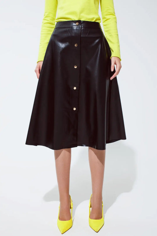Black Leatherette buttoned Midi skirt - Skirts