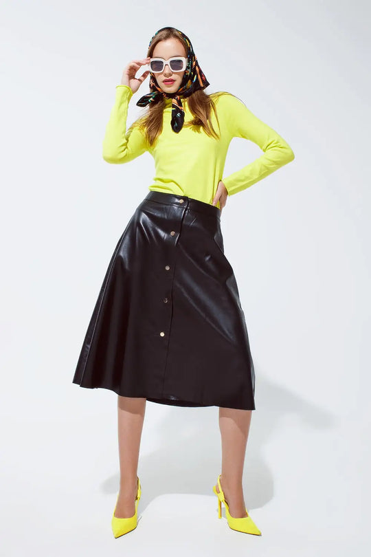 Black Leatherette buttoned Midi skirt - Skirts