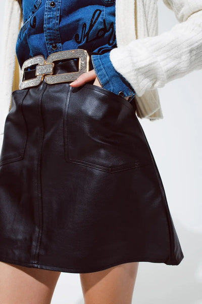black Leatherette mini skirt with pockets - Skirts