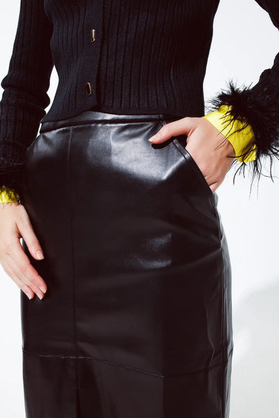 Black leatherette pencil cut skirt - Skirts