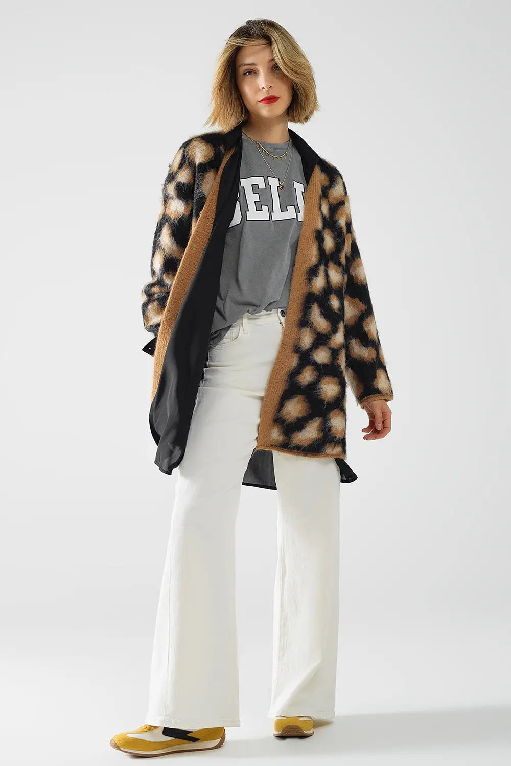 black Leopard print cardigan made of knitted fabric with wool - One Size / Beige - Coats and Jackets