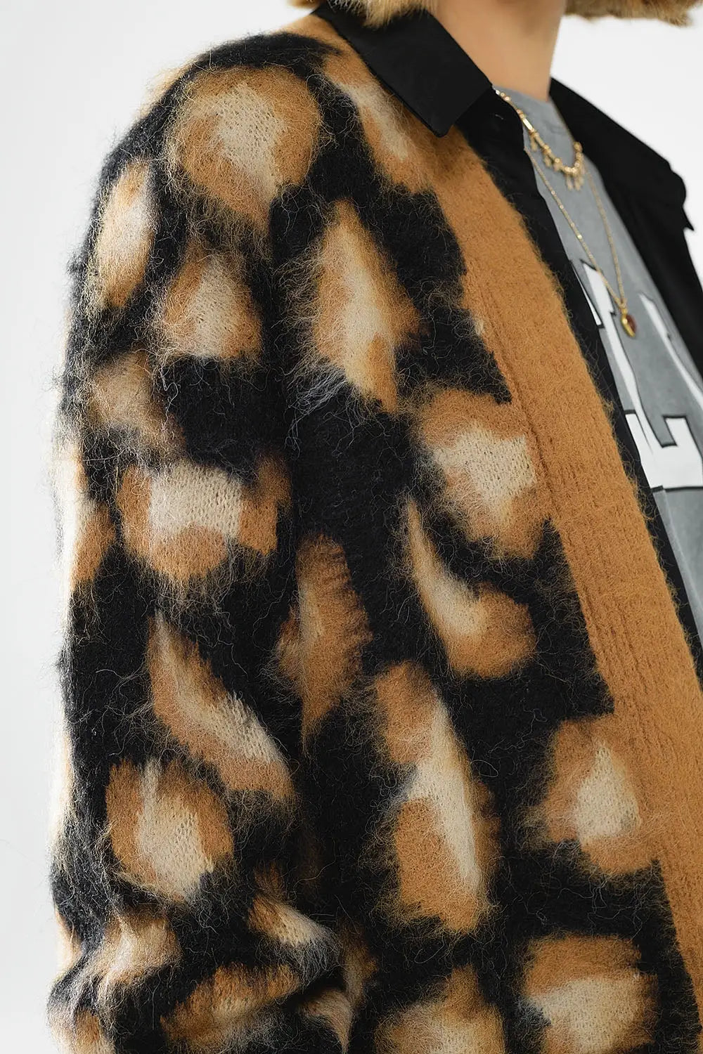 black Leopard print cardigan made of knitted fabric with wool - One Size / Beige - Coats and Jackets