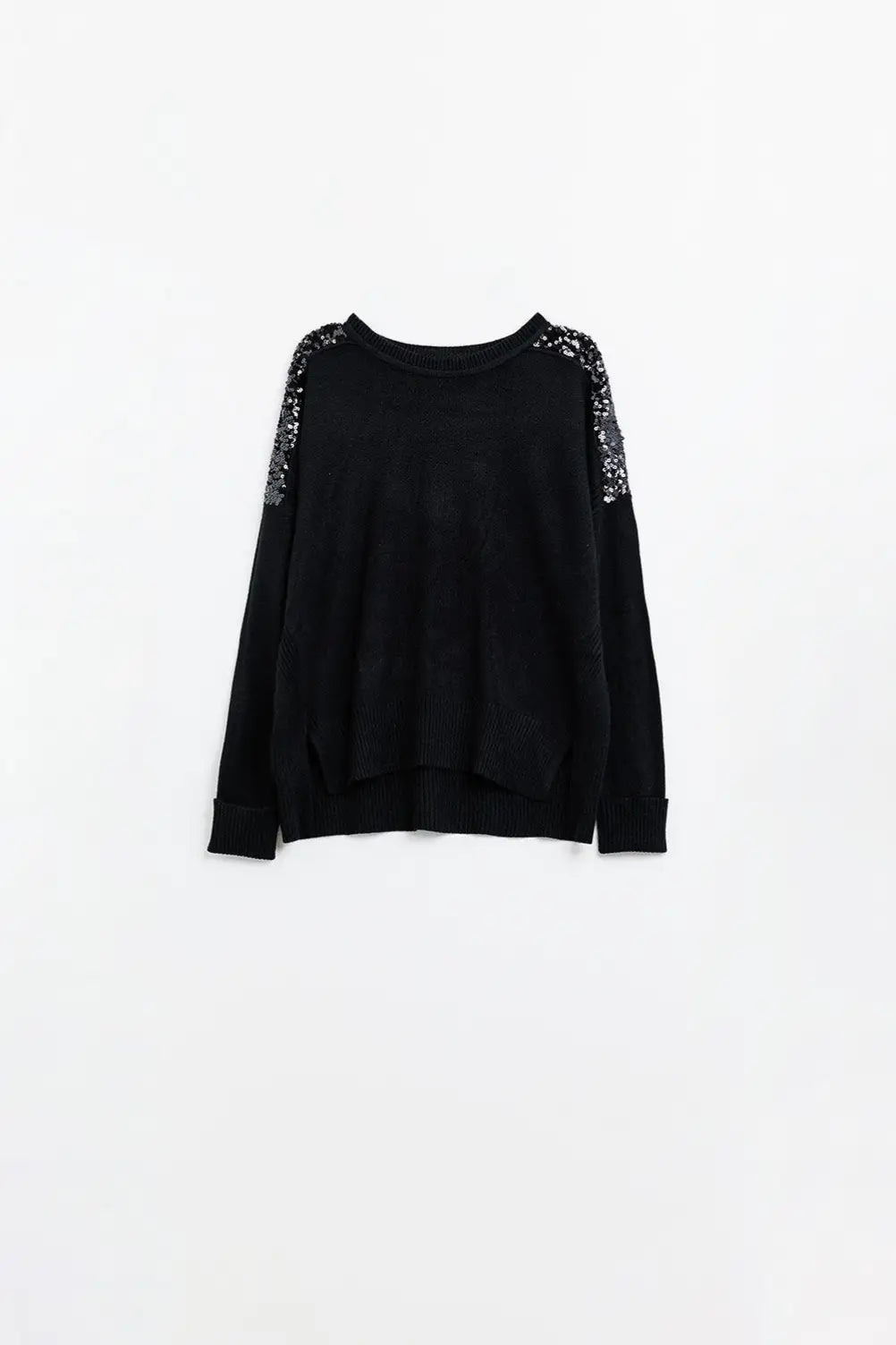 Black long sleeves sweater with sequins on the shoulders - One Size / Black - Sweaters