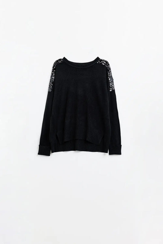 Black long sleeves sweater with sequins on the shoulders - One Size / Black - Sweaters