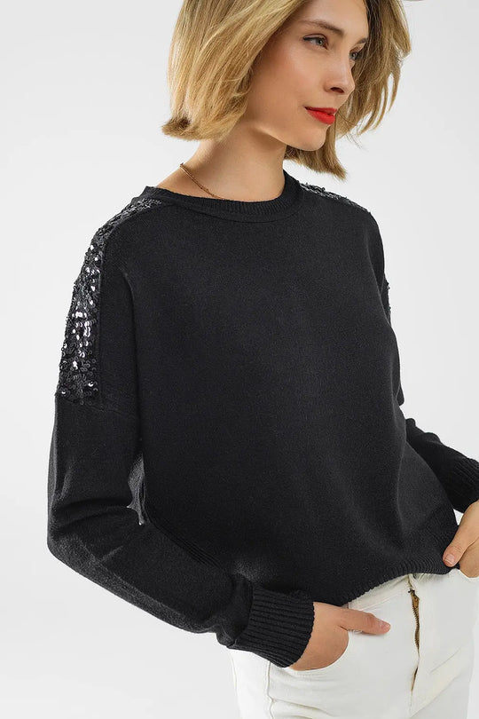 Black long sleeves sweater with sequins on the shoulders - One Size / Black - Sweaters