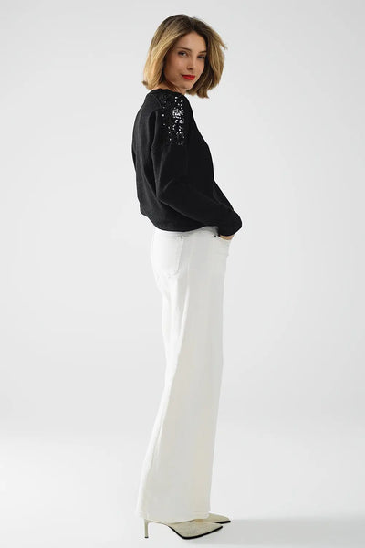 Black long sleeves sweater with sequins on the shoulders - One Size / Black - Sweaters