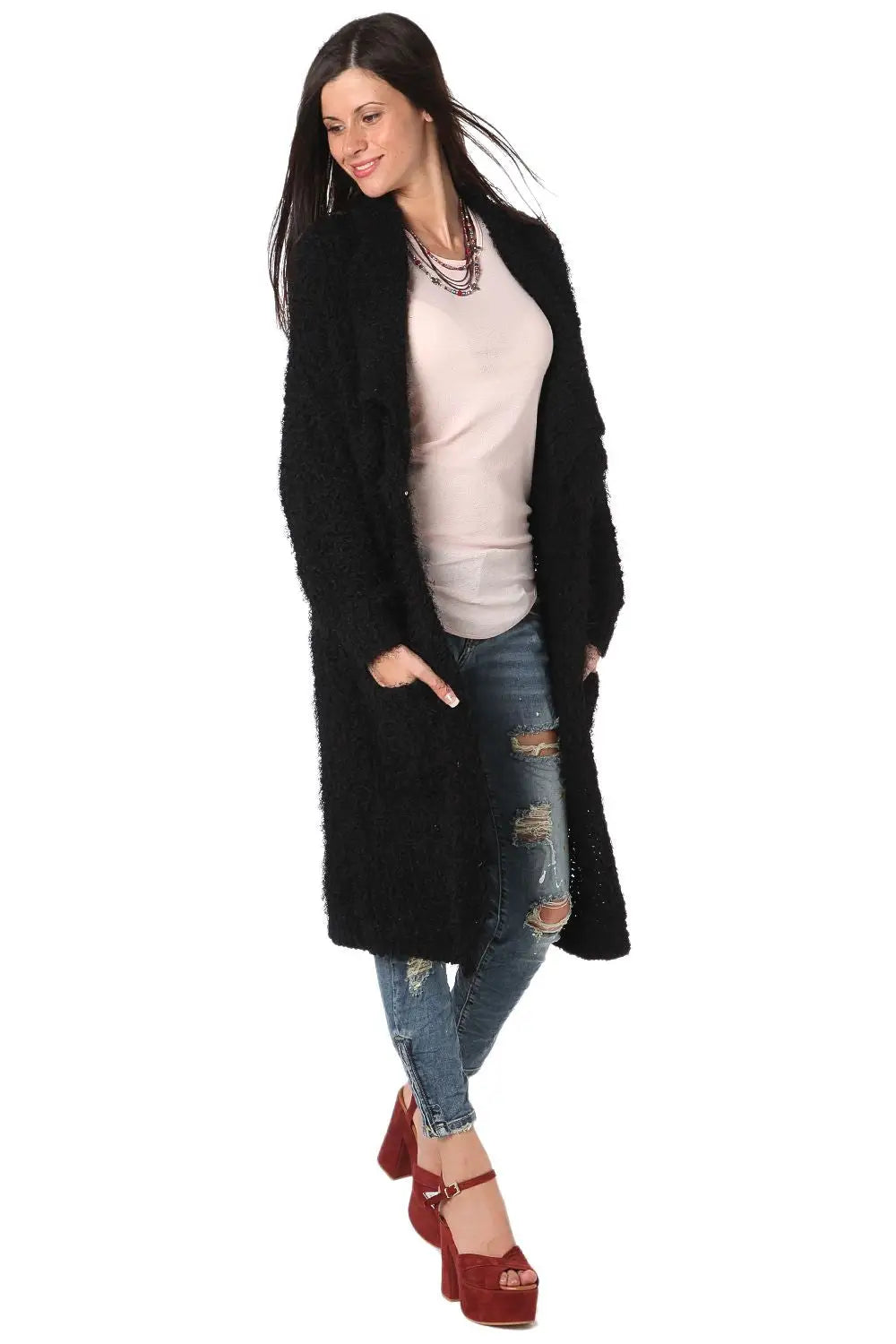 Black longline oversize cardigan in fluffy yarn - Coats and Jackets