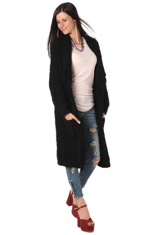 Black longline oversize cardigan in fluffy yarn - Coats and Jackets