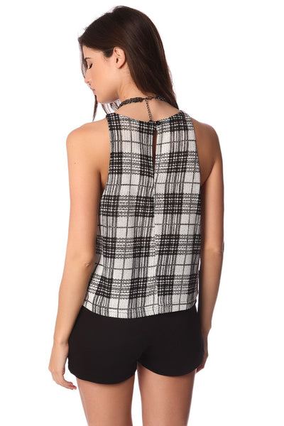 Black mono check smock top