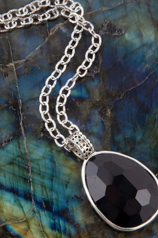 Black Onyx and Sterling Silver Teardrop Pendant Necklace - Necklaces