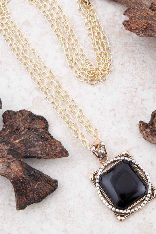 Black Onyx Mixed Metal Pendant Necklace - Necklaces