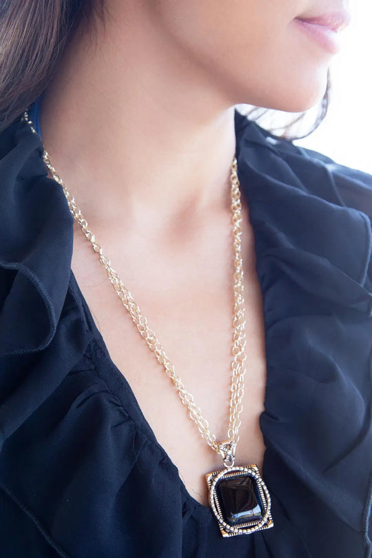 Black Onyx Mixed Metal Pendant Necklace - Necklaces