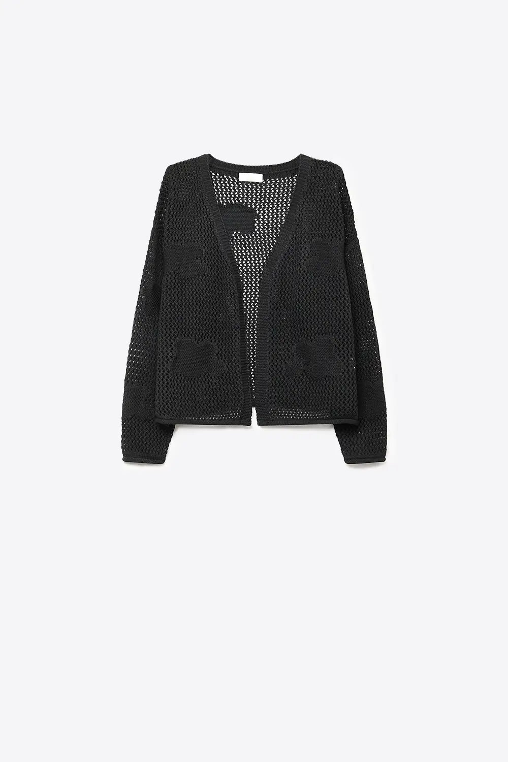 Q2 Black Open Knit Patch Detail Relaxed Fit V-Neck Cardigan Sweater