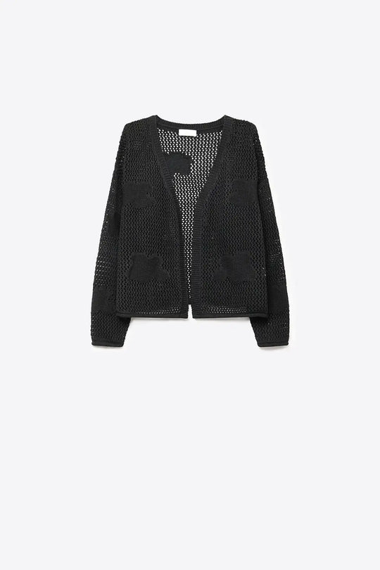 Q2 Black Open Knit Patch Detail Relaxed Fit V-Neck Cardigan Sweater