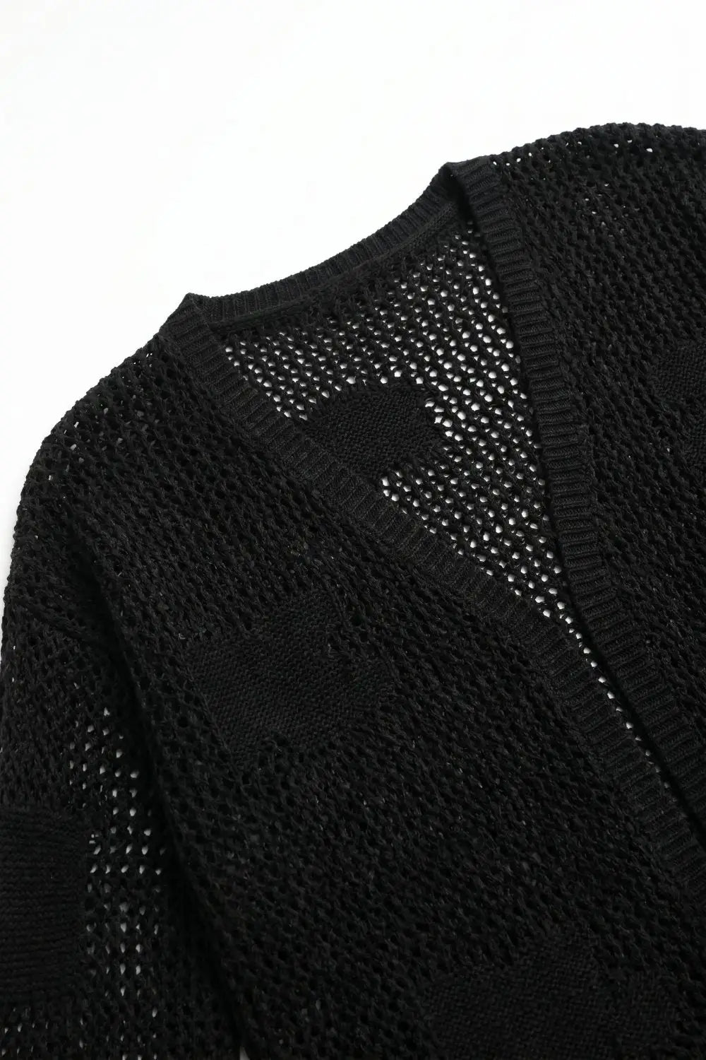 Black Open Knit Patch Detail Relaxed Fit V-Neck Cardigan Sweater - One Size / Black