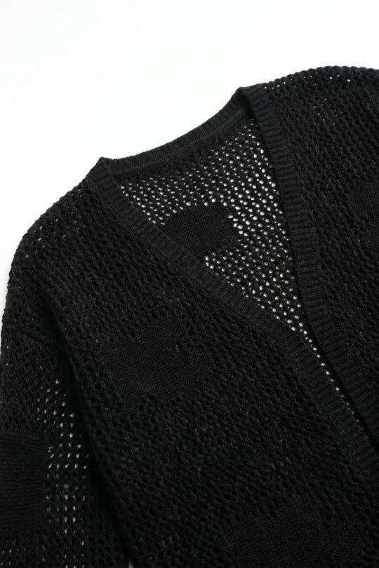 Black Open Knit Patch Detail Relaxed Fit V-Neck Cardigan Sweater - One Size / Black