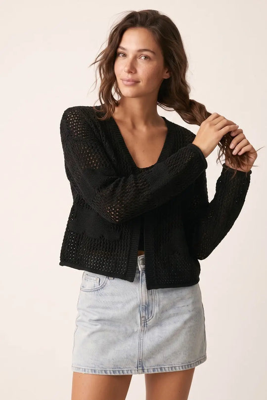 Black Open Knit Patch Detail Relaxed Fit V-Neck Cardigan Sweater - One Size / Black