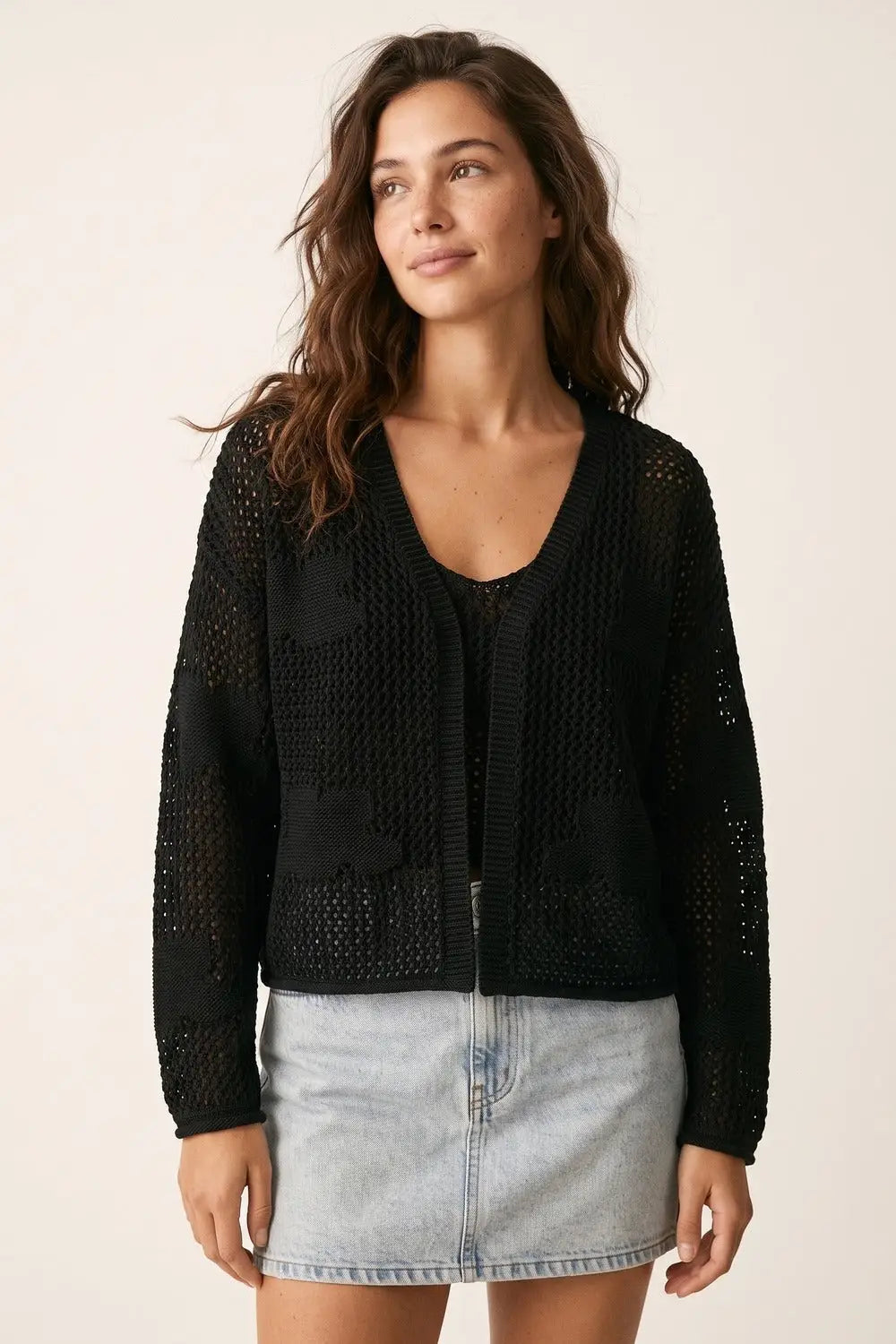 Black Open Knit Patch Detail Relaxed Fit V-Neck Cardigan Sweater - One Size / Black