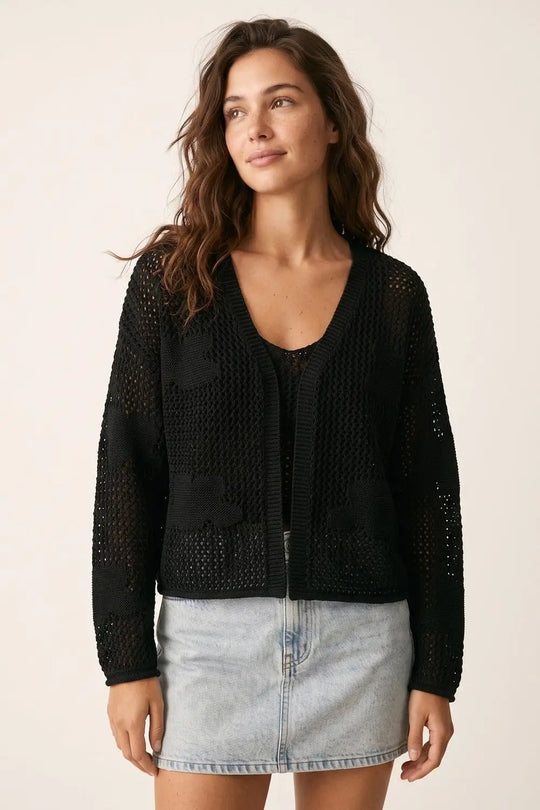Black Open Knit Patch Detail Relaxed Fit V-Neck Cardigan Sweater - One Size / Black