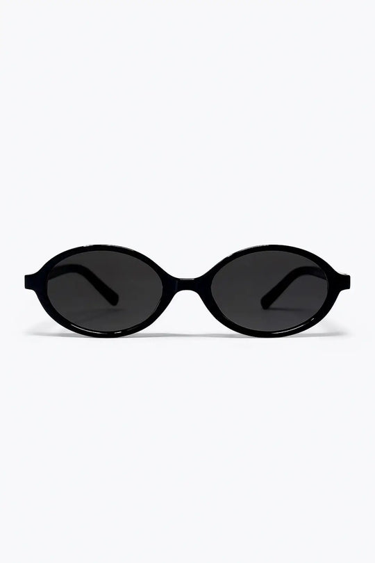 Q2 Black Oval Frame Glossy Finish Slim Retro Sunglasses