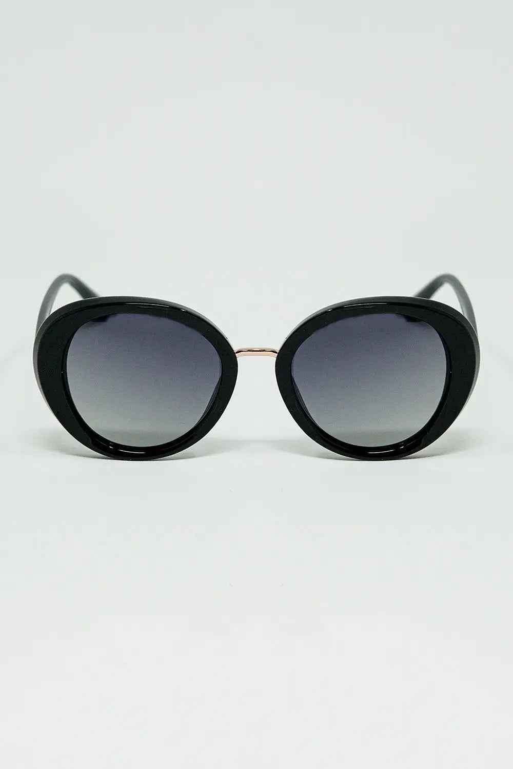 Q2 Black Oval Shaped Sunglasses with metal gold detail