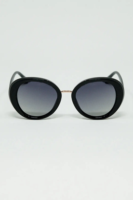 Q2 Black Oval Shaped Sunglasses with metal gold detail