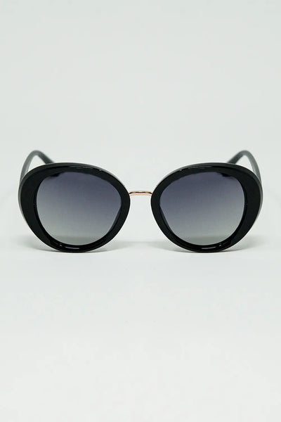 Q2 Black Oval Shaped Sunglasses with metal gold detail