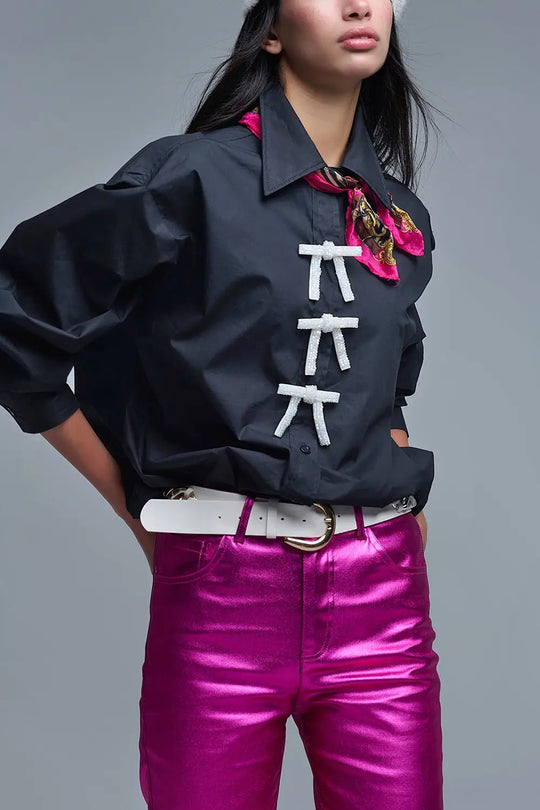 Black Oversized Poplin Shirt With White Beaded Bow Buttons - Shirts