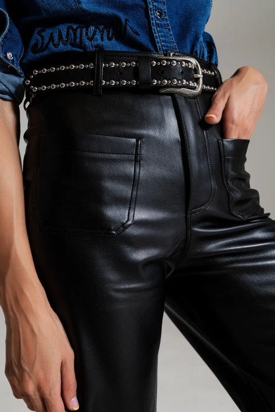Black Palazzo-Style Faux Leather Pants - Pants