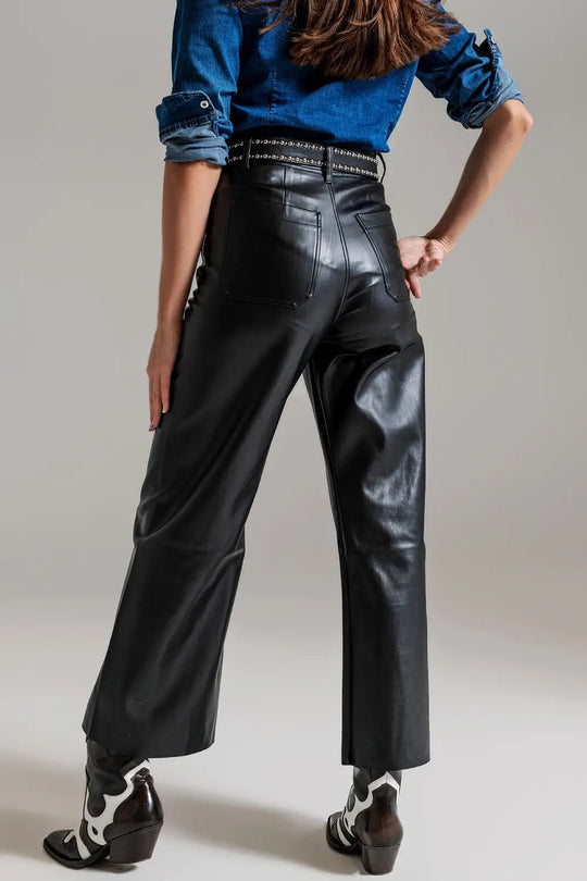 Black Palazzo-Style Faux Leather Pants - Pants