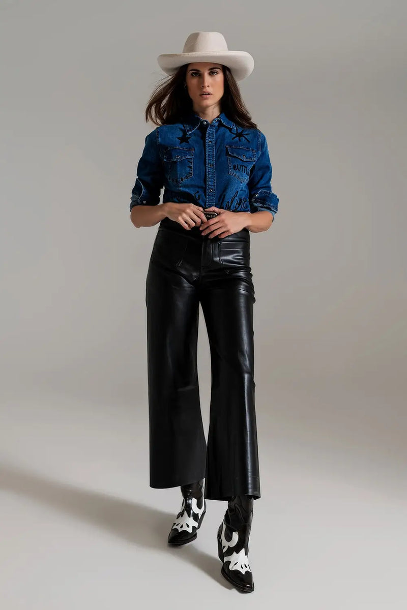 Black Palazzo-Style Faux Leather Pants - Pants
