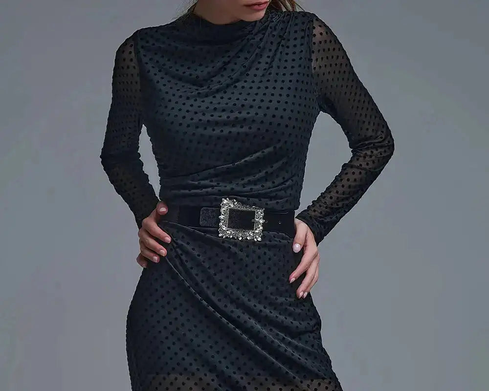 Chic Black Sheer Polka Dot Midi Dress - Dresses
