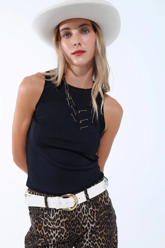 Q2 Black Ribbed fine knit Sleeveless Top