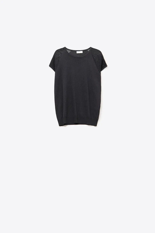 Black Ribbed Short Sleeve Sweater with knitted mesh on the shoulder - One Size / Black - Sweaters