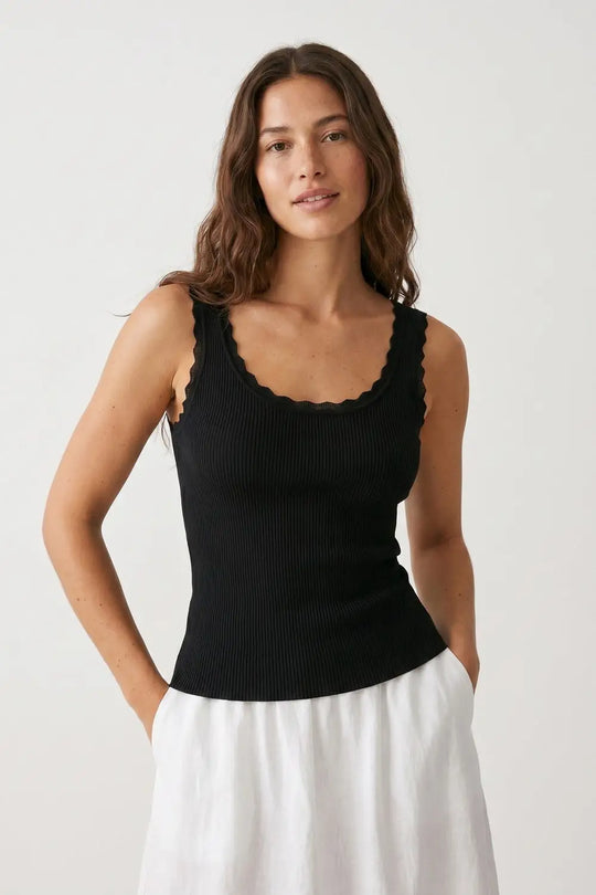 Black Ribbed Tank Top with Scalloped Neckline - One Size / Black