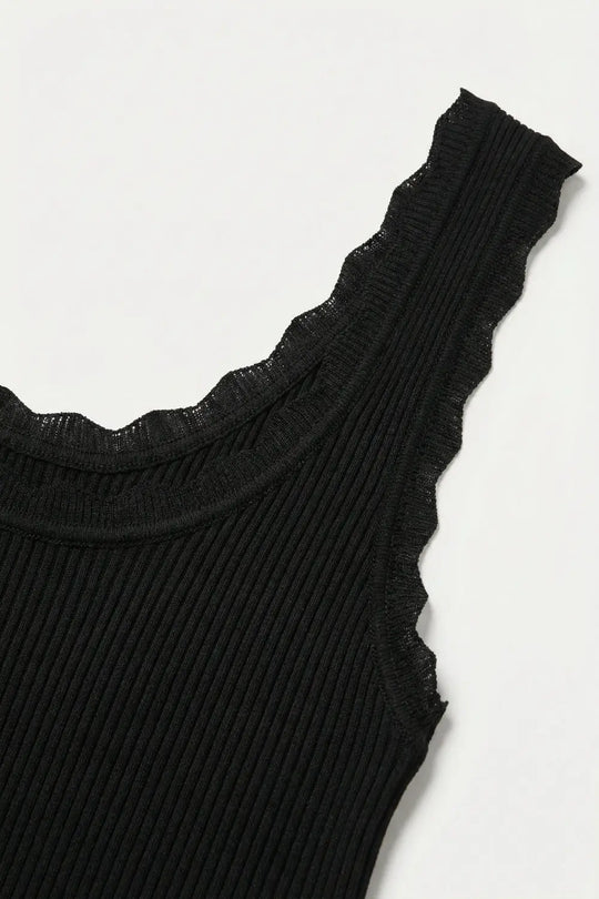 Black Ribbed Tank Top with Scalloped Neckline - One Size / Black