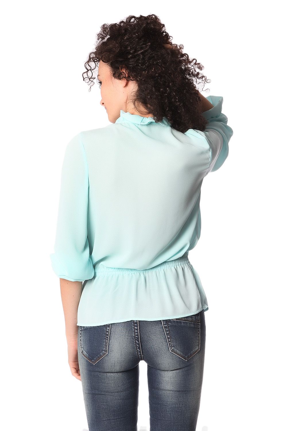 Turquoise ruffle neck tie blouse