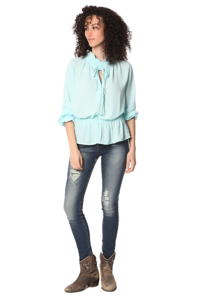 Turquoise ruffle neck tie blouse