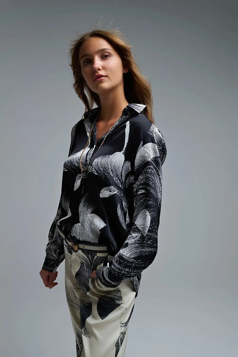 Q2 Black Satin blouse in abstract print