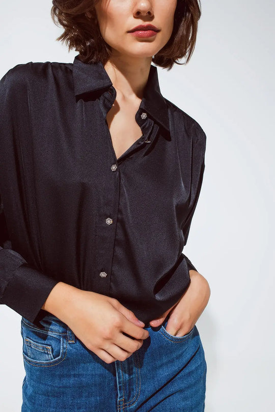 black satin blouse with rhinestone buttons - One Size / Black - Shirts