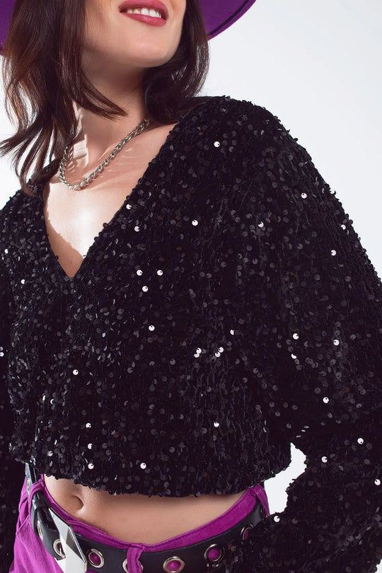 Black sequin top with V-Neckline ballon sleeves and Open Back - Tops