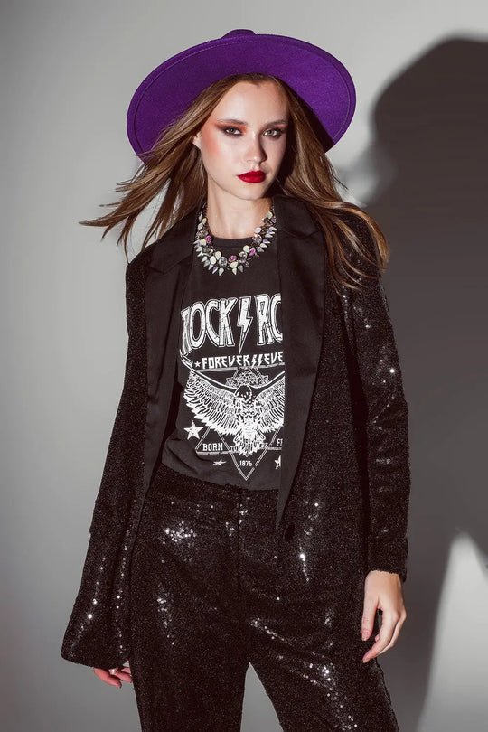Black Sequin tuxedo Blazer with Satin Lapels - Coats and Jackets