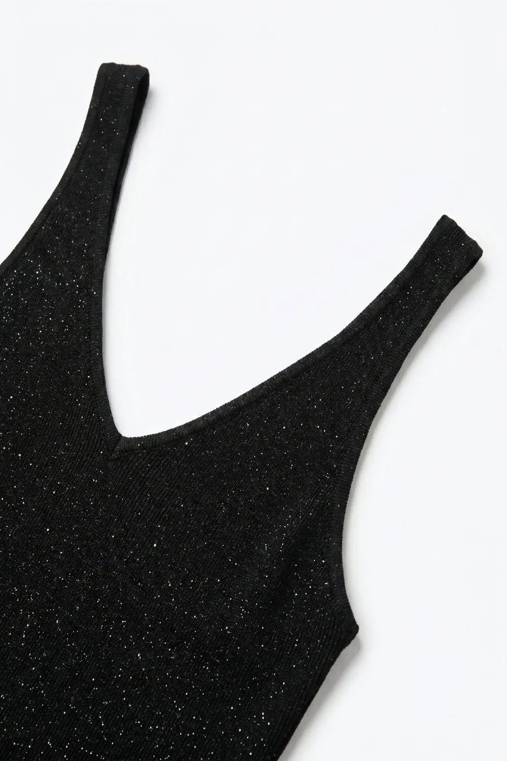 Black Shiny Glitter Ribbed Knit V-Neck Fitted Tank Top - One Size / Black