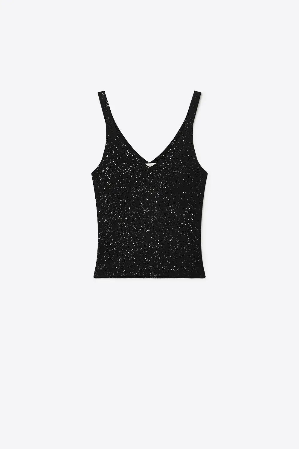 Q2 Black Shiny Glitter Ribbed Knit V-Neck Fitted Tank Top