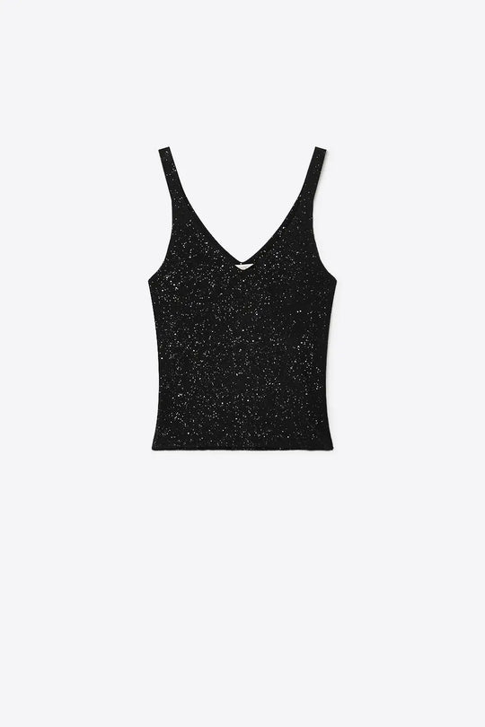 Q2 Black Shiny Glitter Ribbed Knit V-Neck Fitted Tank Top