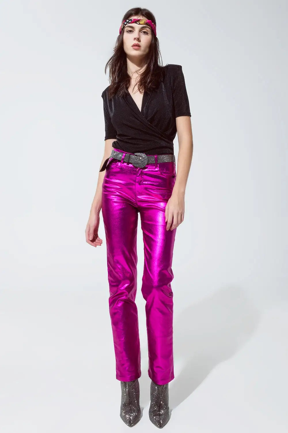 Black shiny wrap short sleeve Vneck top - Tops